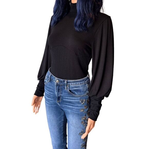 NWT Only Hearts Black Eco Rib Poet Sleeve Bodysuit - Picture 8 of 8